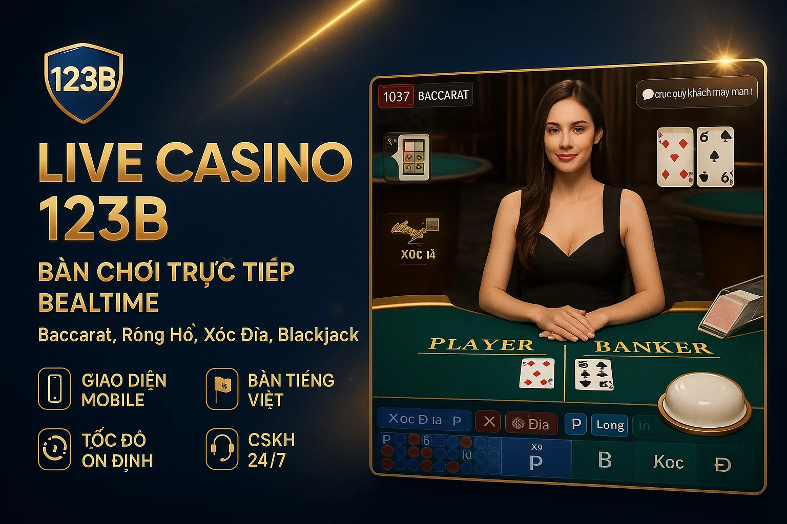 Live dealer 123B Casino với Baccarat Rồng Hổ Xóc Đĩa