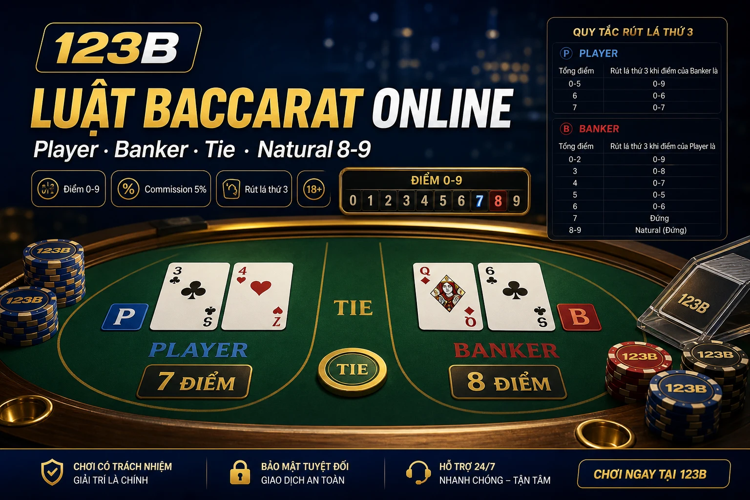 Luật Baccarat online – điểm 0-9 và cửa Player Banker Tie