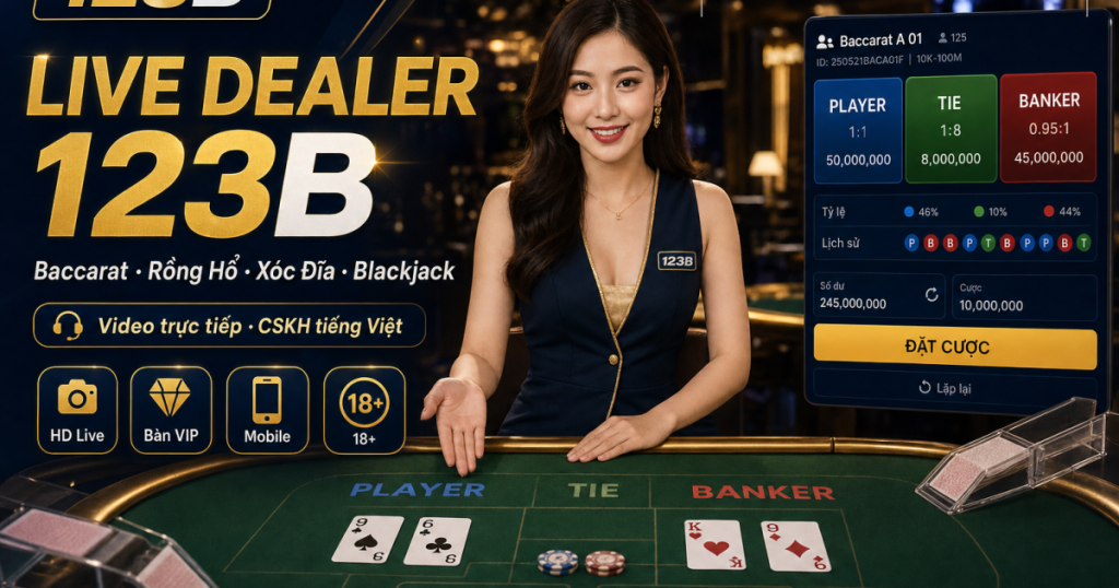 Live dealer Casino 123B với Baccarat Rồng Hổ Xóc Đĩa