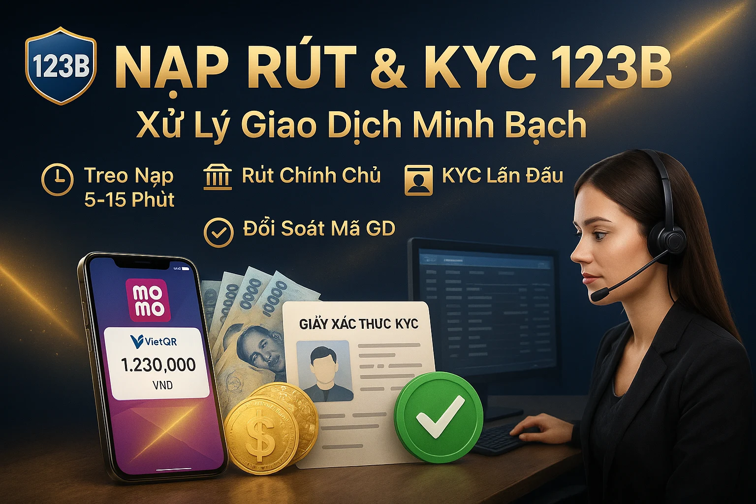 CSKH 123B hỗ trợ nạp MOMO, VietQR và rút tiền ngân hàng