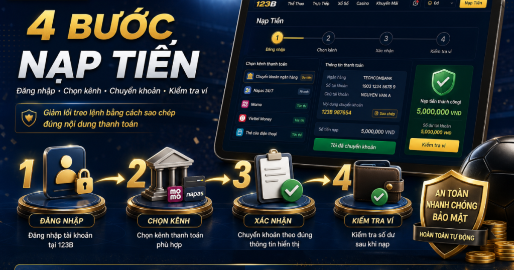 4 bước Nạp tiền 123B từ đăng nhập đến kiểm tra ví