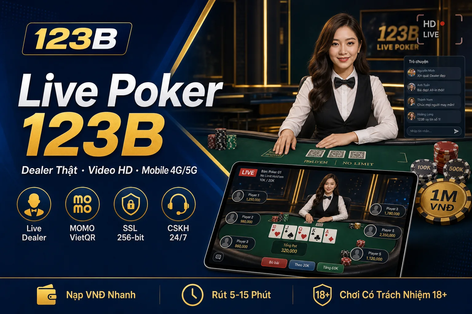Live Poker online 123B với dealer thật và video HD